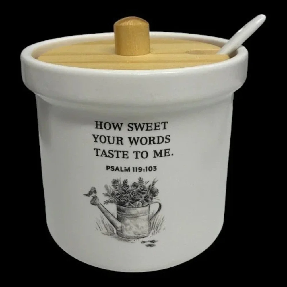 DaySpring Psalm How Sweet Ceramic Condiment Jar w/ Bamboo Lid Spoon White NIB